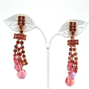 Vintage Pink Rhinestone Crystal Drop Clip On Earrings
